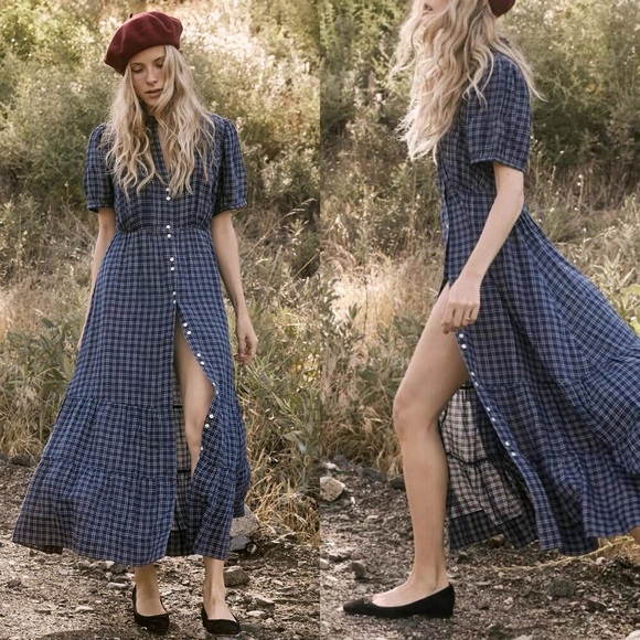 Doen Dresses & Skirts - Doen Cotton Shirt Dress Collar Check Midi A-line Dress for Women